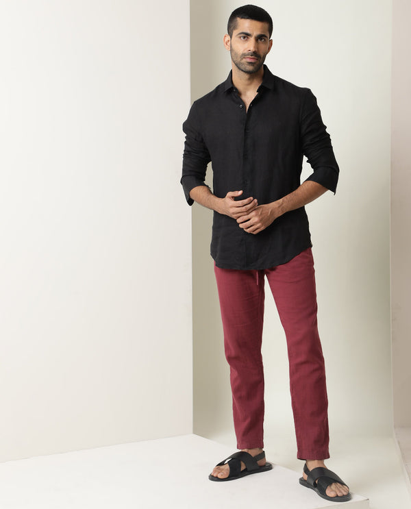 Rare Rabbit Men's Pastor Dark Red Solid Mid-Rise With Drawstring And Elastic Waistband Regular Fit Trouser
