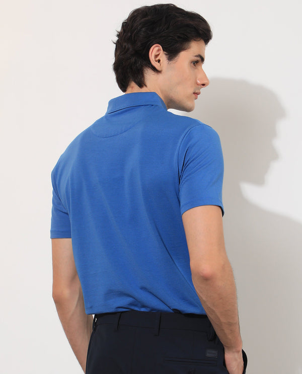 Rare Rabbit Men's Tunas Light Blue Cotton Polyester Fabric Collared Neck Half Sleeves Striped Polo T-Shirt