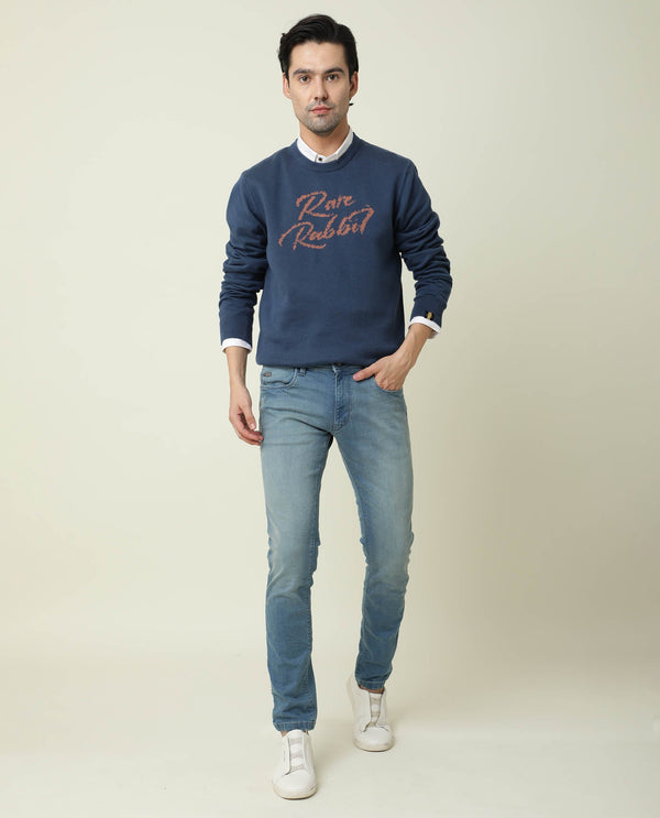 Rare Rabbit Men'S Teedo Navy Pullover Cotton Fabric Round Neck Full Sleeves Slim Fit