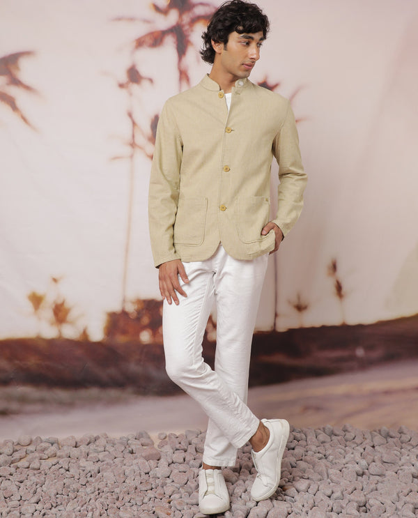 Rare Rabbit Men's Trex Mustard Linen Blend Mandarin Collar Striped Jacket