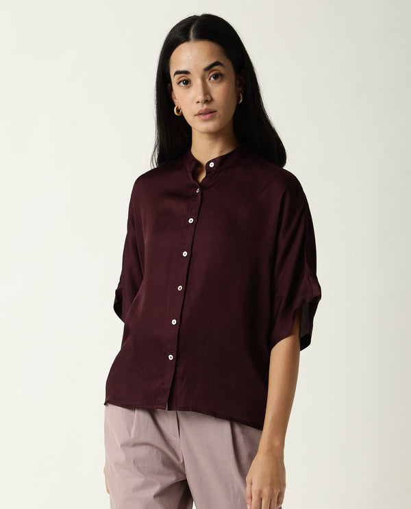 Rareism Women Paige Dark Maroon Modal Satin Fabric Slim Fit Collarless 3/4Th Sleeves Solid Top