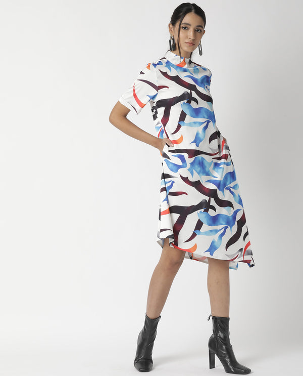 Rareism Women Saler White Abstract Band Collar Short Sleeves With Pockets Asymmetric Knee Length Dress