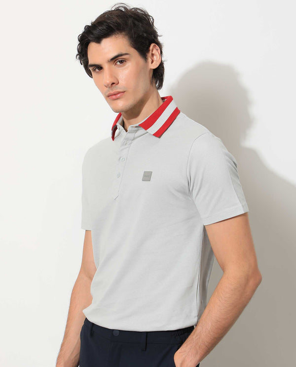 Rare Rabbit Men's Divide Light Grey Cotton Fabric Striped Collar Half Sleeves Polo T-Shirt