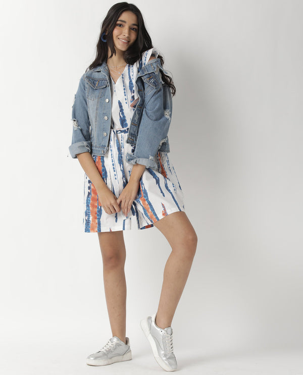 Rareism Women Camera Off White Cotton Fabric Regular Fit V-Neck Solid Playsuit