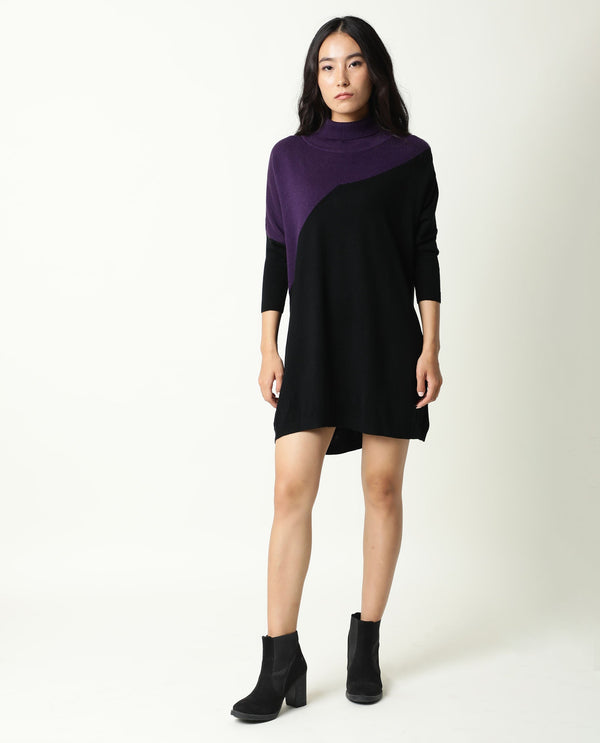 Rareism Women Spaton Purple Acrylic Fabric Full Sleeves Knee Length Regular Fit Color Blocked High Neck Sweater