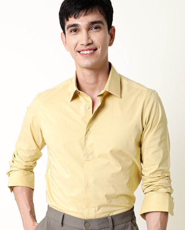 Rare Rabbit Men's Neutro Ls Light Mustard Cotton Polyester Fabric Full Sleeves Solid Shirt