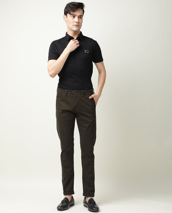 Rare Rabbit Men's Aps Dark Green Solid Mid-Rise Regular Fit Stretch Trouser