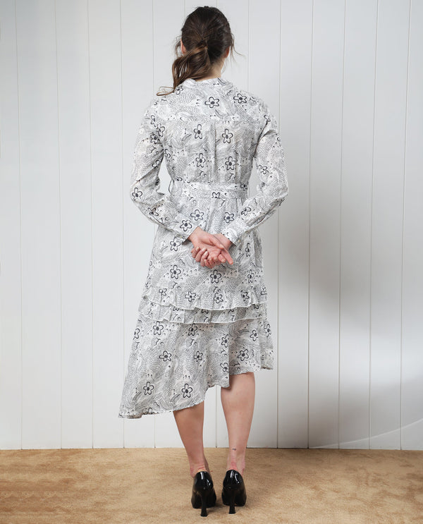 Rareism Women Roose White Cotton Fabric Full Sleeves Button Closure Mandarin Collar Regular Fit Floral Print Knee Length Flared Dress