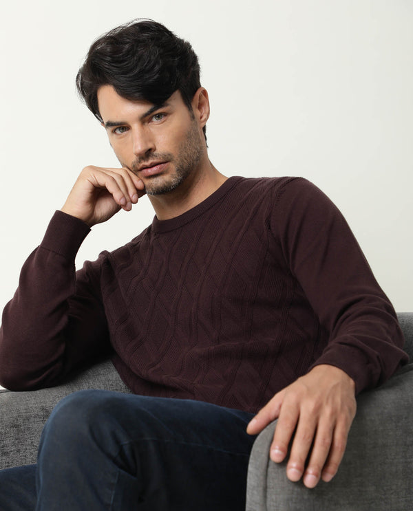 Rare Rabbit Men'S Cable Brown Sweater Cotton Fabric Full Sleeves