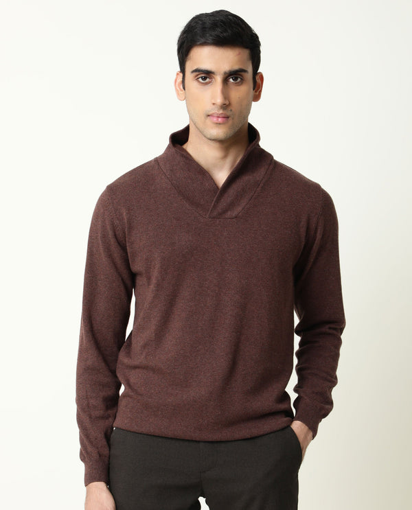 Rare Rabbit Men'S Denvy Brown Pullover Cotton Fabric Shawl Neck Full Sleeve Regular Fit Sweater