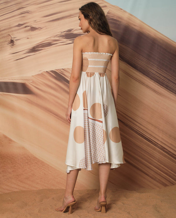 Rareism Women Culliete Beige Cotton Fabric Sleeveless Tube Neck Shoulder Straps Regular Fit Polka Midi Empire Dress