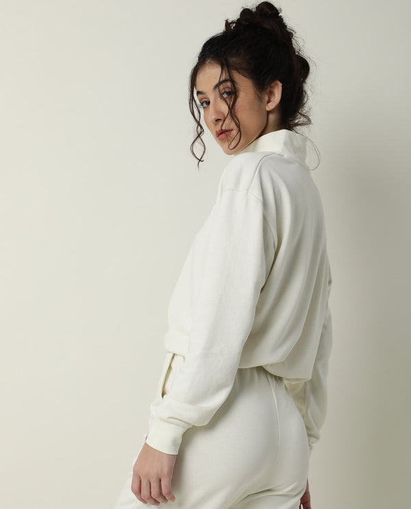 Rareism Women Taffy-1 Off White  Relaxed Fit Full Sleeves Solid High Neck Sweatshirt