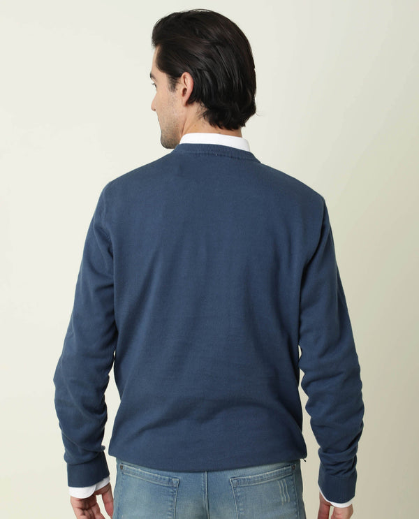 Rare Rabbit Men'S Teedo Navy Pullover Cotton Fabric Round Neck Full Sleeves Slim Fit
