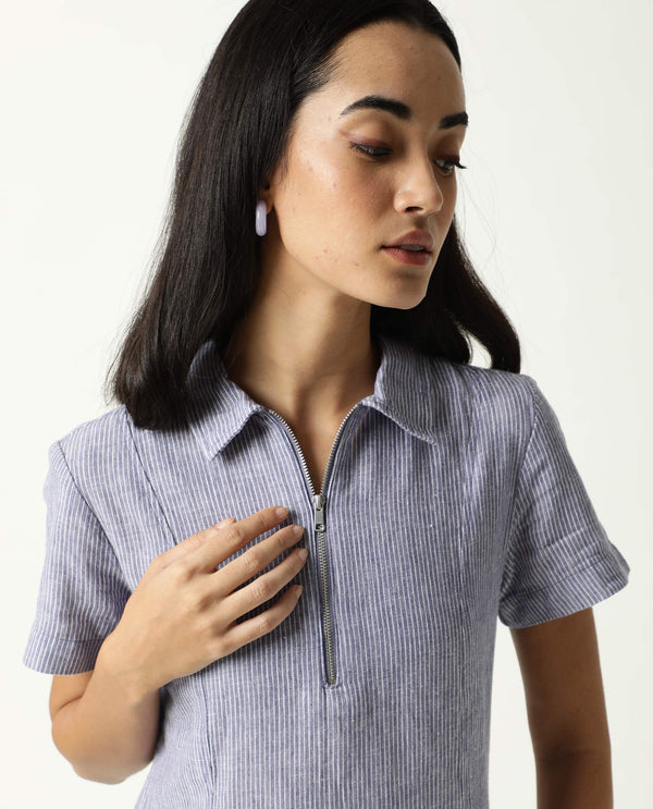 Rareism Women Luna Blue Striped Shirt Collar Short Sleeves With Front Zip Closure And Patch Pockets Mini Dress