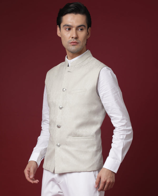 Rare Rabbit Men's Corti Beige Polyester Viscose Fabric Mandarin Collar Sleeveless Slim Fit Jacquard Bandi