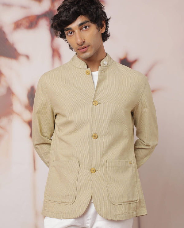 Rare Rabbit Men's Trex Mustard Linen Blend Mandarin Collar Striped Jacket