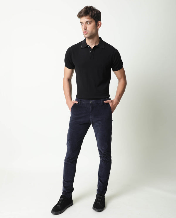 Rare Rabbit Men's Croc Navy Mid-Rise Regular Fit Premium Velvet Trouser