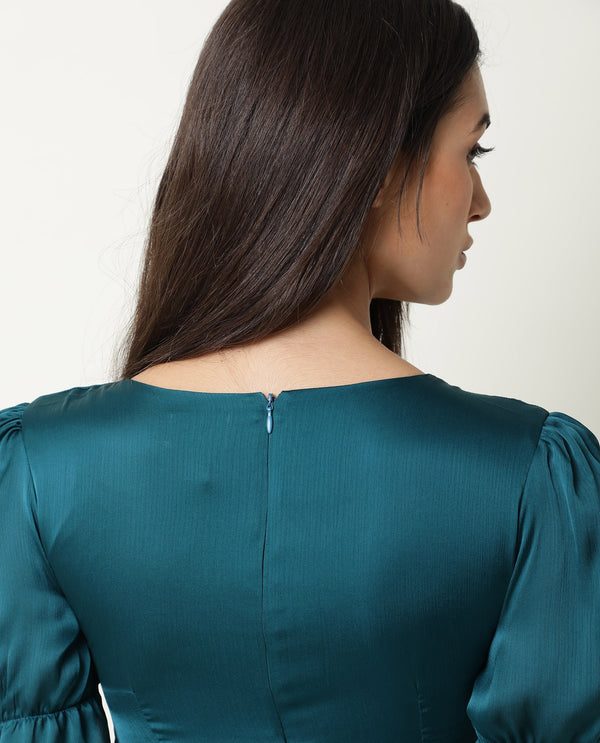 Rareism Women Betty Green V Neck Front Tie Up Short Puff Sleeves With Ruffled Hem Mini Dress