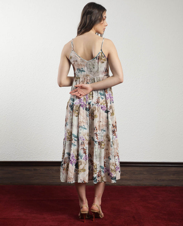Rareism Women Joanna Multi Cotton Fabric Sleeveless V-Neck Shoulder Straps Regular Fit Floral Print Midi Tiered Dress