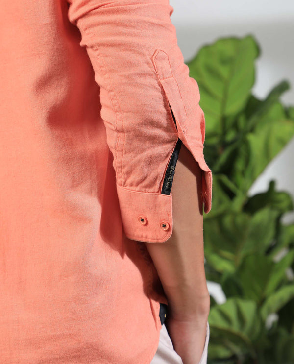Rare Rabbit Men's Manderin Orange Modal Linen Fabric Mandarin Collar Full Sleeves Solid Shirt