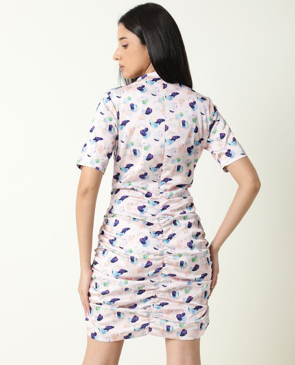Rareism Women Flirty Light Pink Abstract High Neck Short Sleeve Runches At Side And Back With Back Zip Closure Mini Dress