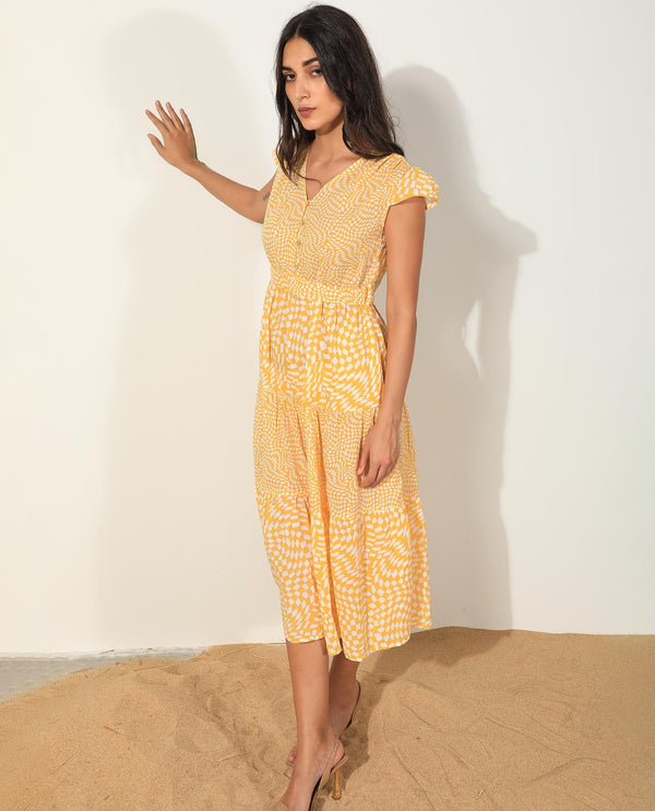 Rareism Women's Whitney Yellow Cotton Fabric V-Neck Button Closure Cape Sleeve Geometric Print  Knee Length Dress