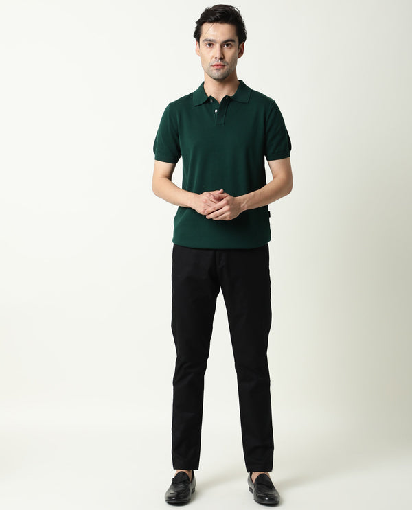 Rare Rabbit Men's Raptors Black Solid Mid-Rise Regular Fit Stretch Trouser