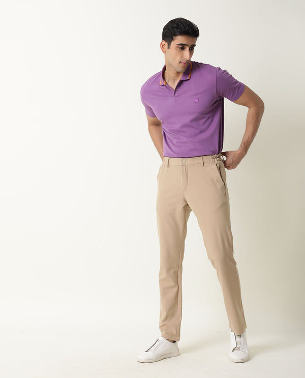 Rare Rabbit Men's Taper Purple Cotton Fabric Collared Neck Half Sleeves Textured Polo T-Shirt