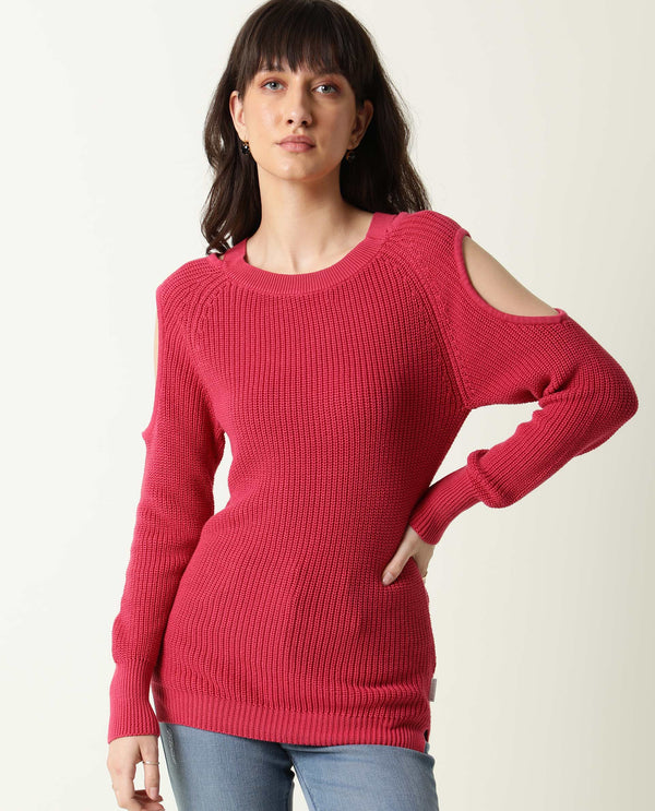 Rareism Women Cold Pink Cotton Fabric Full Sleeves Slim Fit Solid Boat Neck Sweater