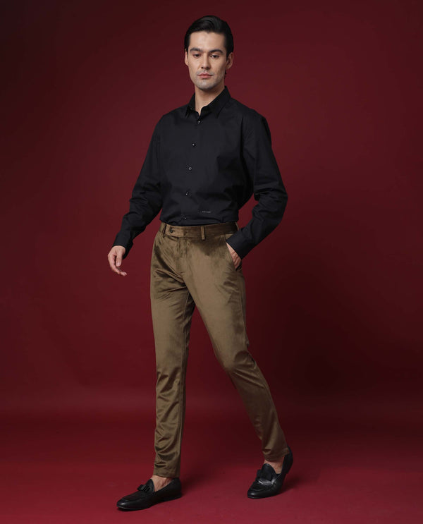 Rare Rabbit Men's Ozzy Olive Solid Mid-Rise Slim Fit Premium Velvet Trouser