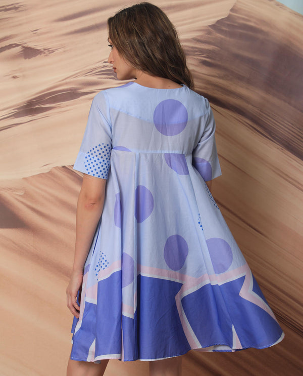 Rareism Women Coco Blue Cotton Fabric Short Sleeves Over Lap Flared Fit Abstract Print Knee Length Empire Dress