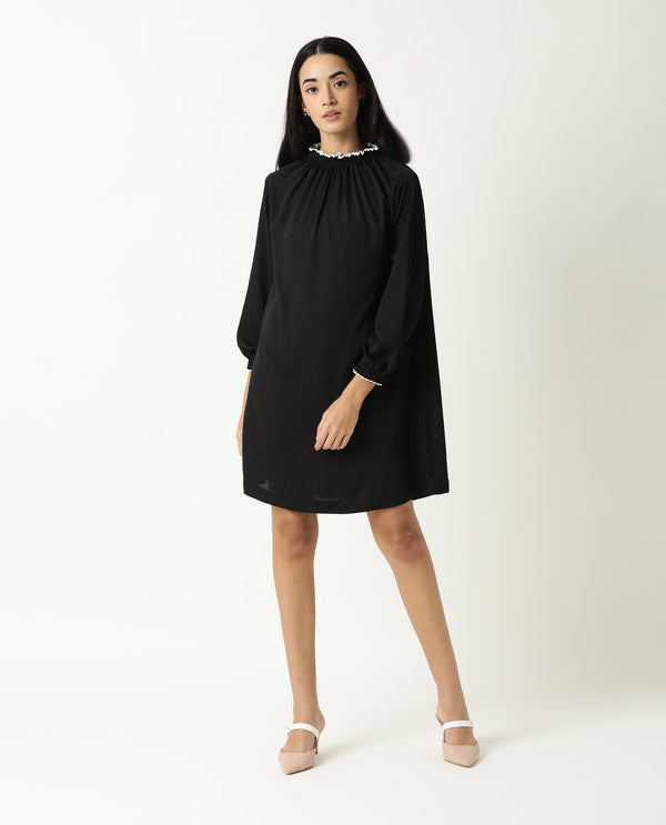 Rareism Women Spoke Black Ruffled Round Neck With Full Sleeves Back Button Closure Mini Dress