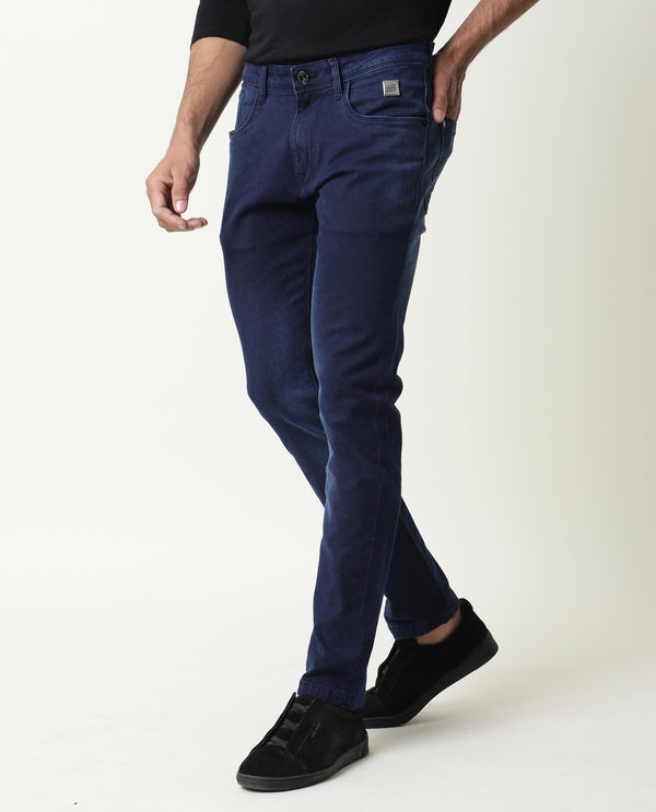 Rare Rabbit Men's Repp Blue Pant Cotton Elastane Fabric Slim Fit Button & Zip Closure Jeans