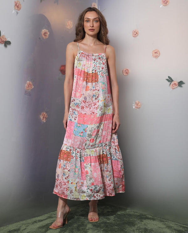 Rareism Women's Katie Multi Polyester Fabric Shoulder Straps Slip-On Closure Sleeveless Floral Print  Maxi Dress