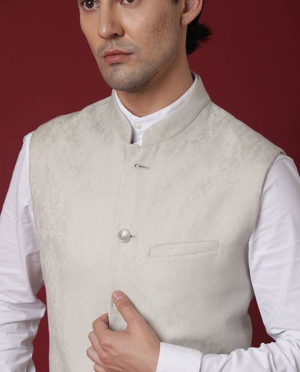 Rare Rabbit Men's Corti Beige Polyester Viscose Fabric Mandarin Collar Sleeveless Slim Fit Jacquard Bandi