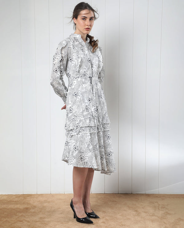 Rareism Women Roose White Cotton Fabric Full Sleeves Button Closure Mandarin Collar Regular Fit Floral Print Knee Length Flared Dress
