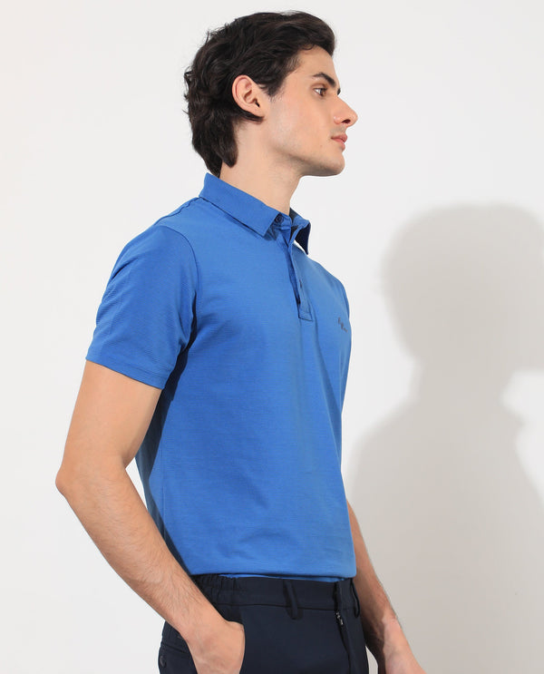 Rare Rabbit Men's Tunas Light Blue Cotton Polyester Fabric Collared Neck Half Sleeves Striped Polo T-Shirt