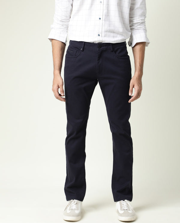 Rare Rabbit Men's Spoke-22 Navy Solid Mid-Rise Regular Fit Stretch Trouser