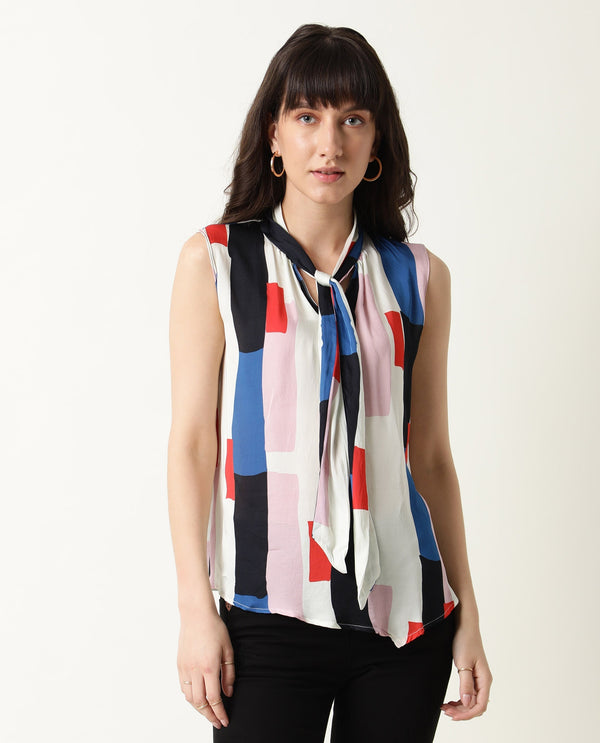 Rareism Womens Jazzes White Top Modal Satin Fabric Regular Fit Sleeveless Tie Up Neck