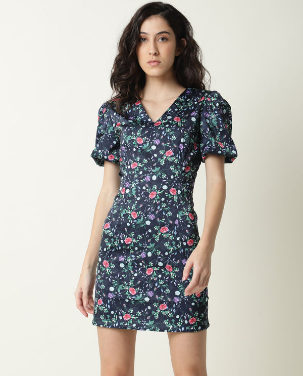 Rareism Women Diego Navy Floral Print Half Sleeve With Puff Mini Dress