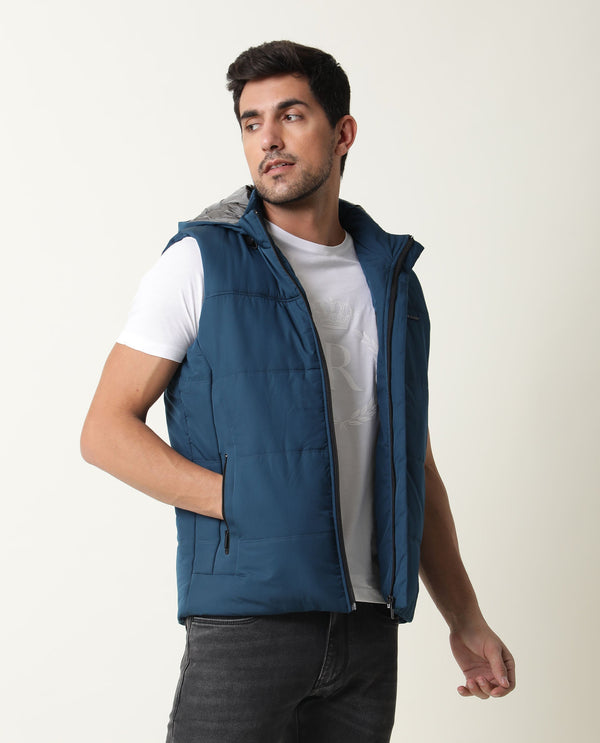 Rare Rabbit Men's Filly Dark Blue Sleeveless Quilted Puffer Jacket