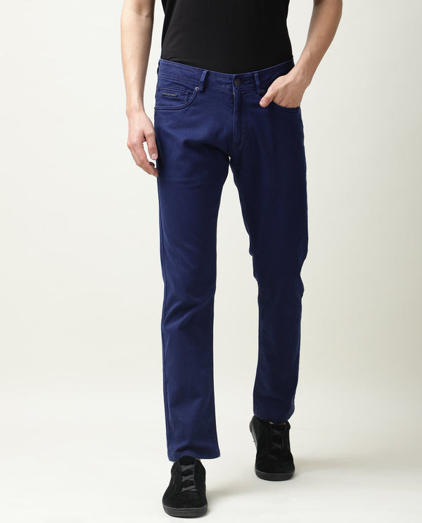 Rare Rabbit Men's Fiv5 Blue Solid Mid-Rise Slim Fit Trouser