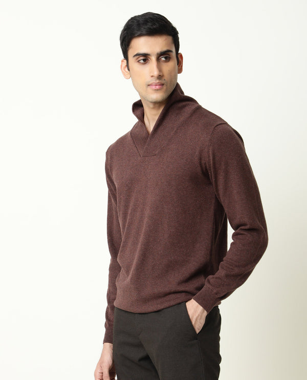 Rare Rabbit Men'S Denvy Brown Pullover Cotton Fabric Shawl Neck Full Sleeve Regular Fit Sweater