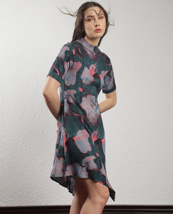 Rareism Women Calantha Multi Viscose Fabric Short Sleeves Zip Closure High Neck Regular Fit Floral Print Knee Length Asymmetric Dress