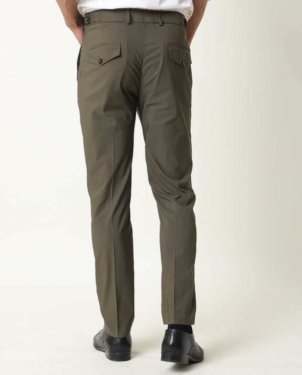 Rare Rabbit Men's Glak Olive Solid Mid-Rise Regular Fit Trouser