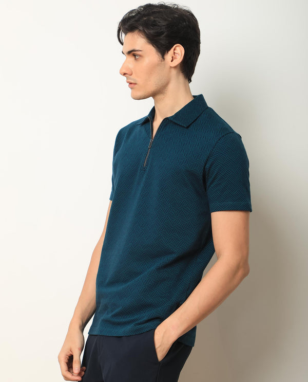 Rare Rabbit Men's Cabetta Navy Cotton Fabric Collared Neck Zipper Closure Half Sleeves Jacquard Polo T-Shirt