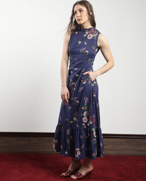 Rareism Women Jemma Navy Cotton Fabric Zip Closure High Neck Sleeveless Regular Fit Floral Print Maxi Dress