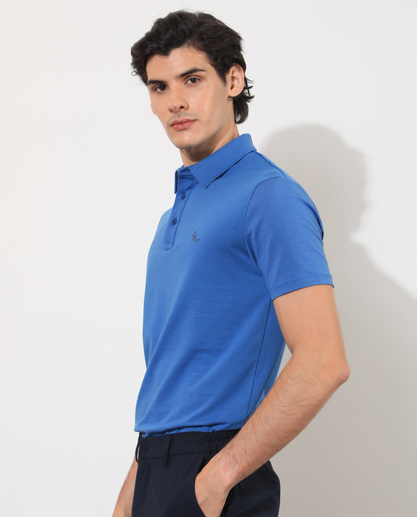 Rare Rabbit Men's Tunas Light Blue Cotton Polyester Fabric Collared Neck Half Sleeves Striped Polo T-Shirt