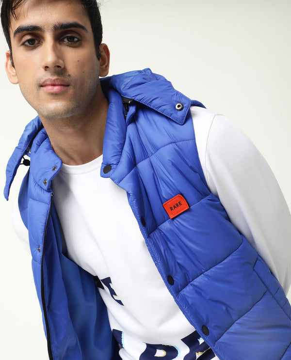Rare Rabbit Men's Depot Blue Plain Sleeveless Detachable Hood Puffer Jacket