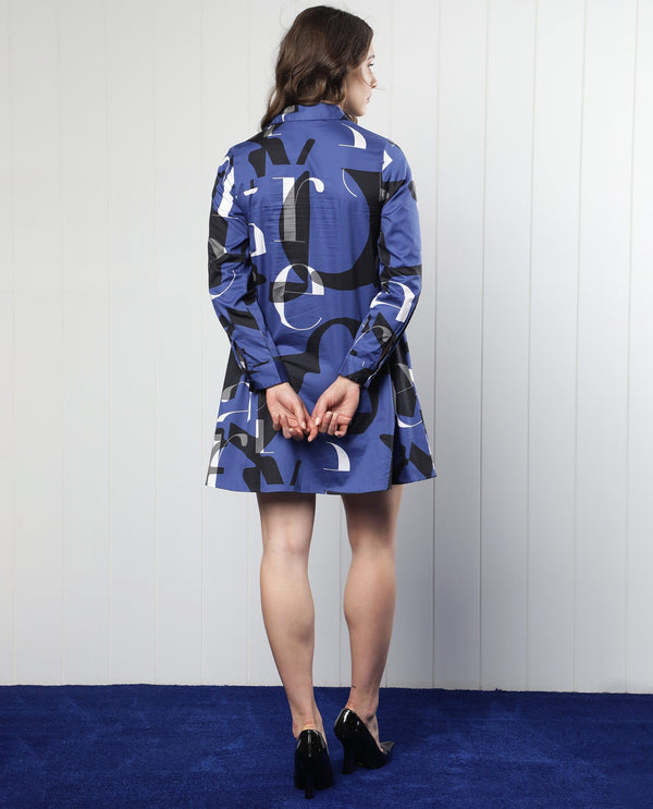 Rareism Women Macie Blue Cotton Fabric Full Sleeves Button Closure Mandarin Collar Regular Fit Graphic Print Knee Length Boxy Dress